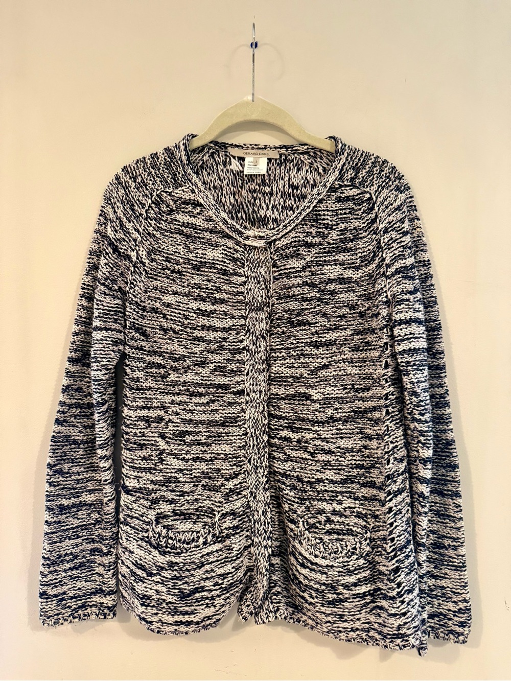 Gerard Darel Paris Navy & White Marled Cotton Knit Cardigan, Size Medium